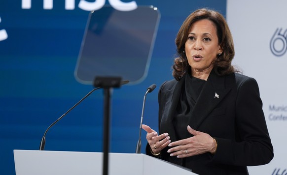 United States Vice-President Kamala Harris addresses the audience during the Munich Security Conference at the Bayerischer Hof Hotel in Munich, Germany, Friday, Feb. 16, 2024. The 60th Munich Security ...