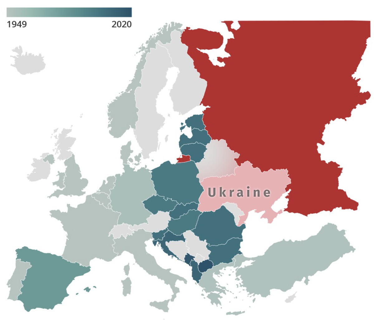 Die letzten Erweiterungen der Nato (grün) geschahen mit der Aufnahme der Nordmazedonien (2020), Montenegro (2017), Kroatien und Albanien (beide 2017).