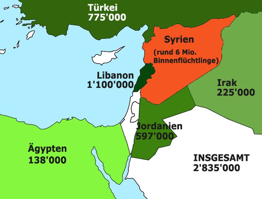 Syrische Flüchtlinge im Nahen Osten (registrierte Flüchtlinge und «Persons of Concern» laut UNHCR).
