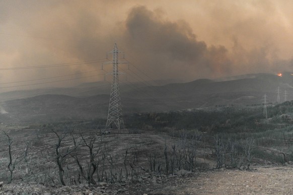epa10814630 The aftermath at the area of Makri during the wildfire around Alexandroupolis, Thrace, northern Greece, 22 August 2023. A Fire Brigade spokesperson said that 18 bodies were found near a hu ...