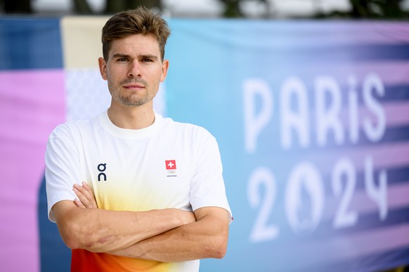 Switzerland's cyclist Stefan Bissegger poses for the photographer before a press conference prior the 2024 Paris Summer Olympics at the Invalides Olympic site in Paris, France, Wednesday, July 24 ...