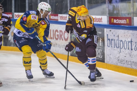 Le joueur du club davosien, Samuel Guerra, gauche, a la lutte pour le puck avec le joueur du club genevois, Noah Rod, droite, lors du match du championnat suisse de hockey sur glace de National League ...