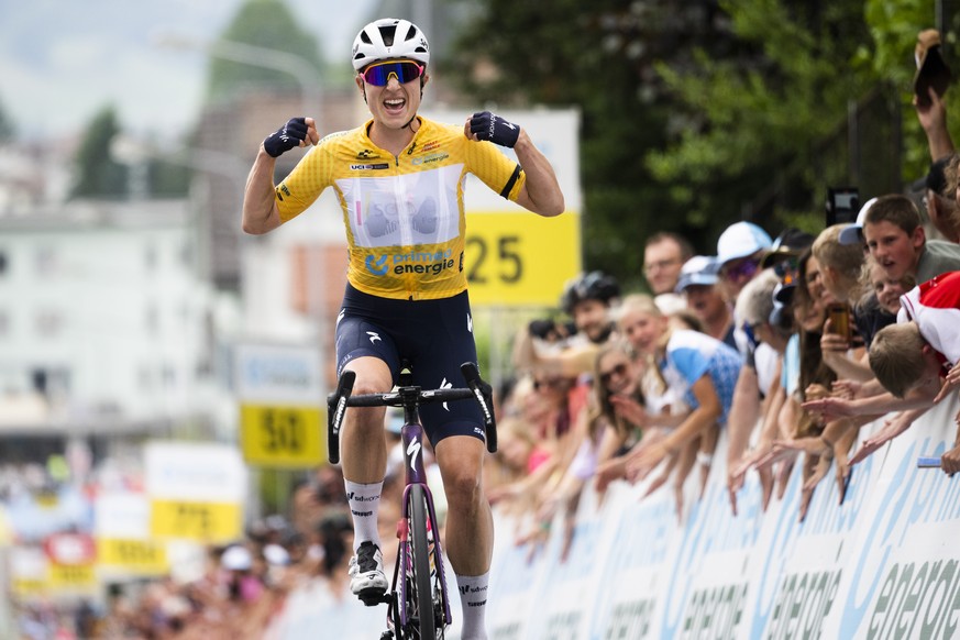 Marlen Reusser from Switzerland of Team SD Worx celebrates after winning the 3rd Tour de Suisse UCI WorldTour cycling women&#039;s race, on Tuesday, June 20, 2023, in Switzerland. (KEYSTONE/Gian Ehren ...