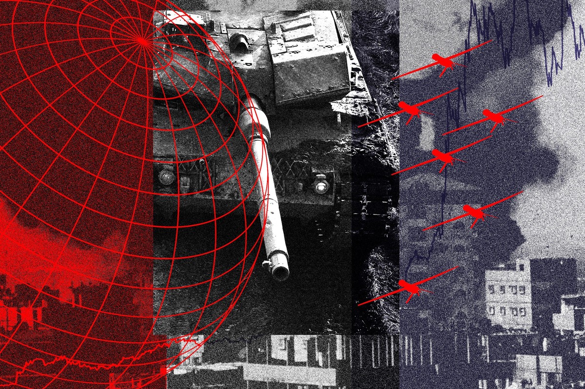 Ein Panzer des Rüstungskonzerns Rheinmetall im Vordergrund überblendet einen Raketeneinschlag in einer Stadt. Links kommt ein Globus zu stehen und rechts sechs stilisierte Drohnen.