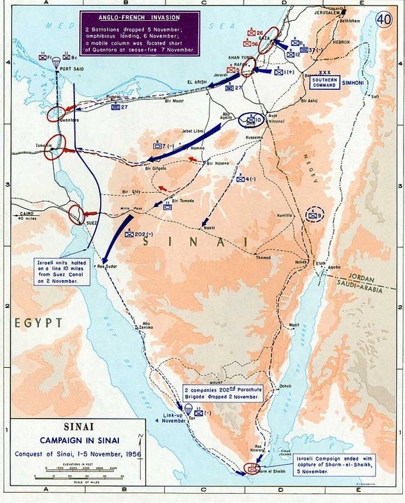 Operationen während der Sueskrise
https://de.wikipedia.org/wiki/Sueskrise#/media/Datei:1956_Suez_war_-_conquest_of_Sinai.jpg