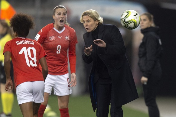 Switzerland&#039;s head coach Martina Voss-Tecklenburg, from Germany, during the second leg of the 2019 FIFA Women&#039;s World Cup play-off final match between the national soccer teams of Switzerlan ...