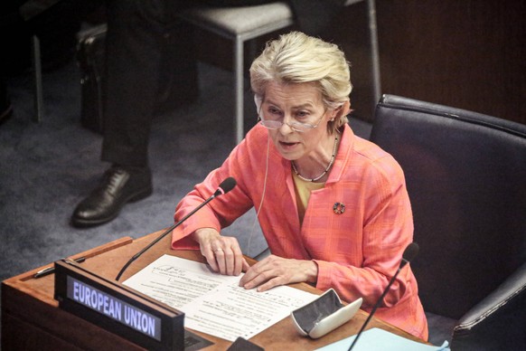 September 20, 2023, New York, New York, USA: URSULA GERTRUD VON DER LEYEN, President of the European Commission, speaks at the Climate Ambition Summit at the UN Headquarters during the week of the 202 ...