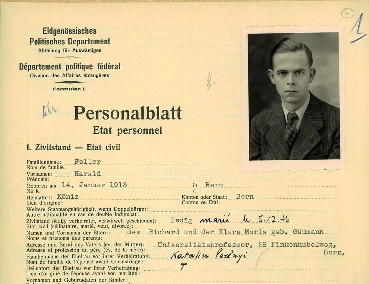Harald Feller est entré en 1939 dans le service diplomatique. En 1943, il a été transféré à Budapest où il a été enlevé par des Soviétiques en février 1945.
https://www.recherche.bar.admin.ch/recherch ...