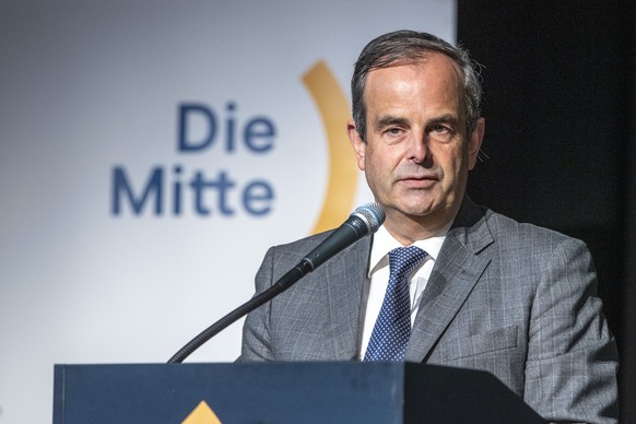 Der Parteipraesident der DIE MITTE Partei Schweiz, Gerhard Pfister anlaesslich einer Delegiertenversammlung der DIE MITTE Partei vom Samstag, 25. Februar 2023 in Stans. (KEYSTONE/Urs Flueeler).