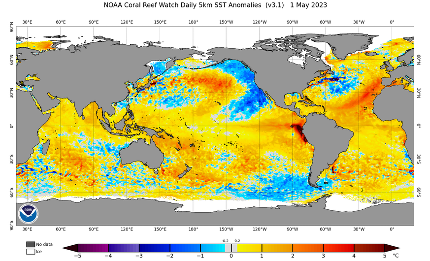 El-Nino: Temperatur-Anomalien in den Ozeanen, 3. Mai 2023