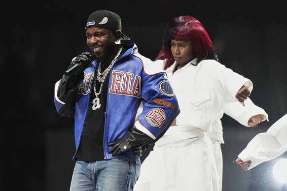 Kendrick Lamar performs during halftime of the NFL Super Bowl 59 football game between the Kansas City Chiefs and the Philadelphia Eagles, Sunday, Feb. 9, 2025, in New Orleans. (AP Photo/Brynn Anderso ...