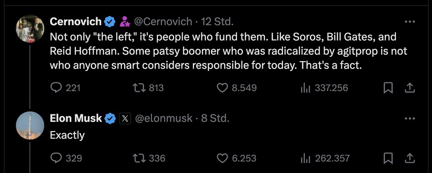 Von Elon Musk unterstütztes Posting, in dem George Soros, Bill Gates und Reid Hoffman eine Schuld an der Ermordung von Charlie Kirk gegeben wird. (10. Sept. 2025)