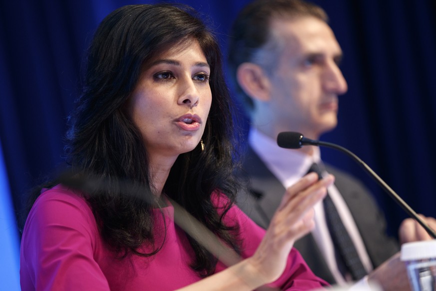 epa07922748 Chief Economist and Director of the Research Department of the IMF Gita Gopinath responds to a question from the news media during the World Economic Outlook press conference at IMF Headqu...