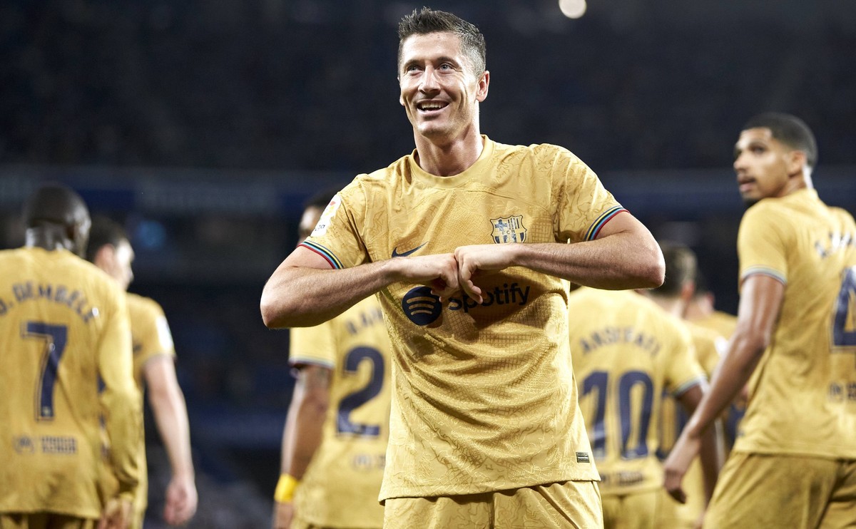 SAN SEBASTIAN, SPAIN - AUGUST 21: Robert Lewandowski of FC Barcelona, Barca reacts after scoring goal during the La Liga Santander match between Real Sociedad and FC Barcelona on August 21, 2022 at Re ...