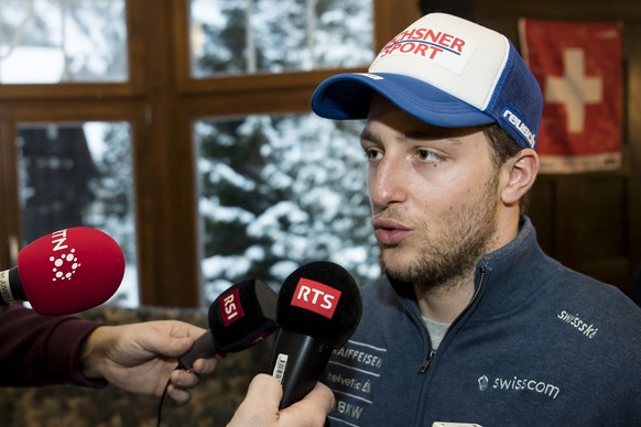 Justin Murisier of Switzerland speaks to journalists during the Swiss-Ski federation press conference of the FIS Alpine Ski World Cup at the Lauberhorn, in Wengen, Switzerland, Wednesday, January 11,  ...