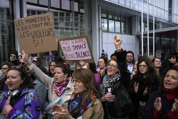 Women&#039;s rights activists demonstrate outside the Paris palace of justice as French actor G�rard Depardieu, who is facing trial for the alleged sexual assaults of two women on a film set in 2021,  ...