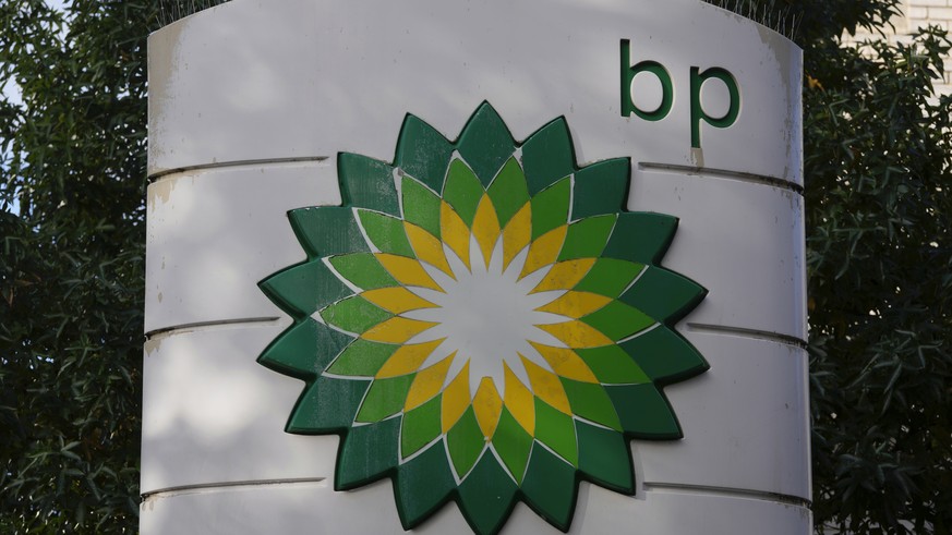 FILE - A logo of BP is seen at a gas station in London, on Nov. 1, 2022. British energy company BP reported record annual earnings on Tuesday, Feb. 7, 2023 amid growing calls for the U.K. government t ...