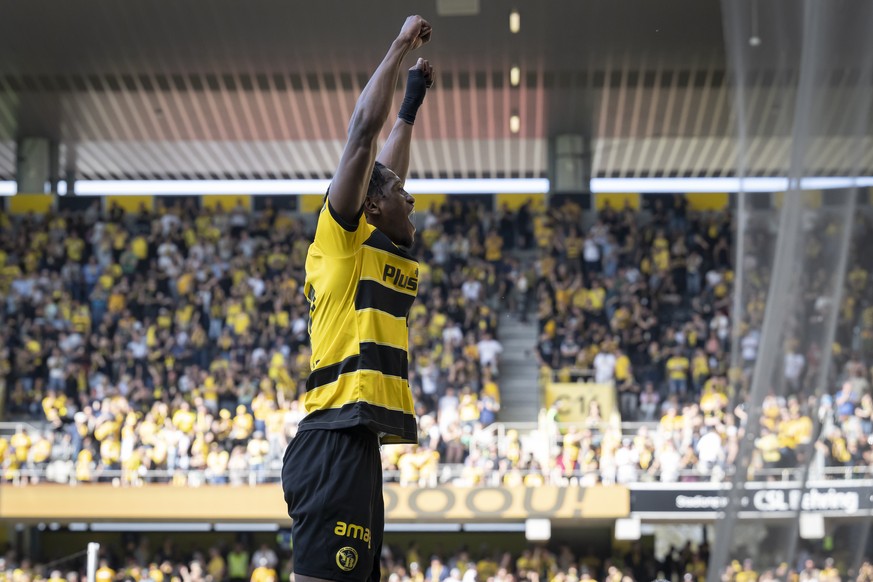 Joel Monteiro (YB) jubelt nach seinem Tor zum 3-2, im Fussball Meisterschaftsspiel der Super League zwischen den BSC Young Boys und dem FC Luzern, im Stadion Wankdorf in Bern, am Sonntag, 14. April 20 ...