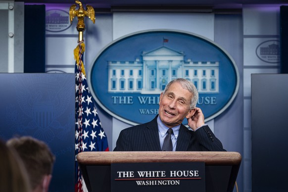 epa08956669 Anthony Fauci, director of the National Institute of Allergy and Infectious Diseases, speaks during a news conference in the James S. Brady Press Briefing Room at the White House in Washin ...