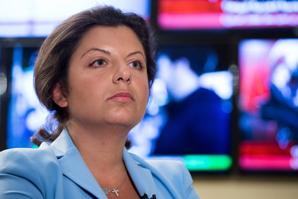 FILE - In this Jan. 19, 2018, file photo, Margarita Simonyan, the head of the Russian television channel RT, listens to a question during her interview with the Associated Press in Moscow, Russia. You ...