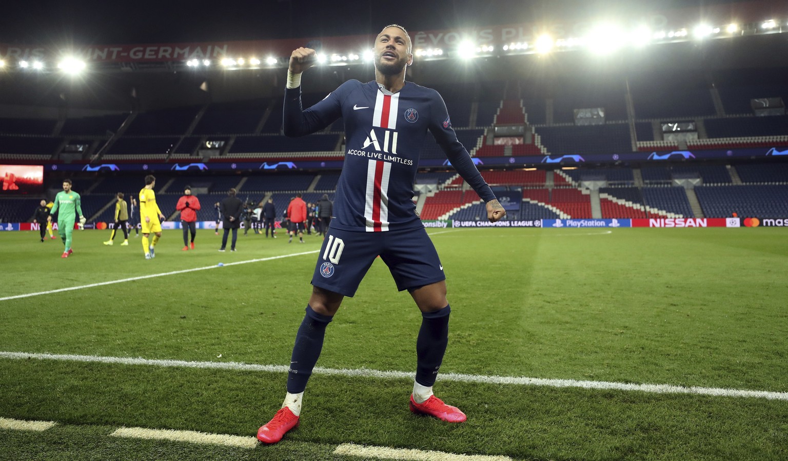 Paris Saint Germain&#039;s Neymar celebrates after the Champions League round of 16 second leg soccer match between PSG and Borussia Dortmund, Wednesday March 11, 2020 in Paris. The match is being pla ...