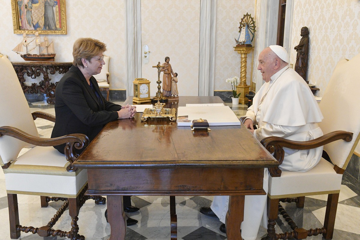 A handout picture provided by the Vatican Media shows Pope Francis during an audience for the President of the Swiss Confederation, Viola Amherd at the Vatican Apostolic Palace, in Vatican City, 04 Ma ...