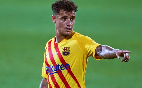 epa08665035 FC Barcelona&#039;s Phillipe Coutinho reacts during the pre-season friendly soccer match between FC Barcelona and Gimnastic de Tarragona at Johan Cruyff Stadium in Barcelona, Spain, 12 Sep ...