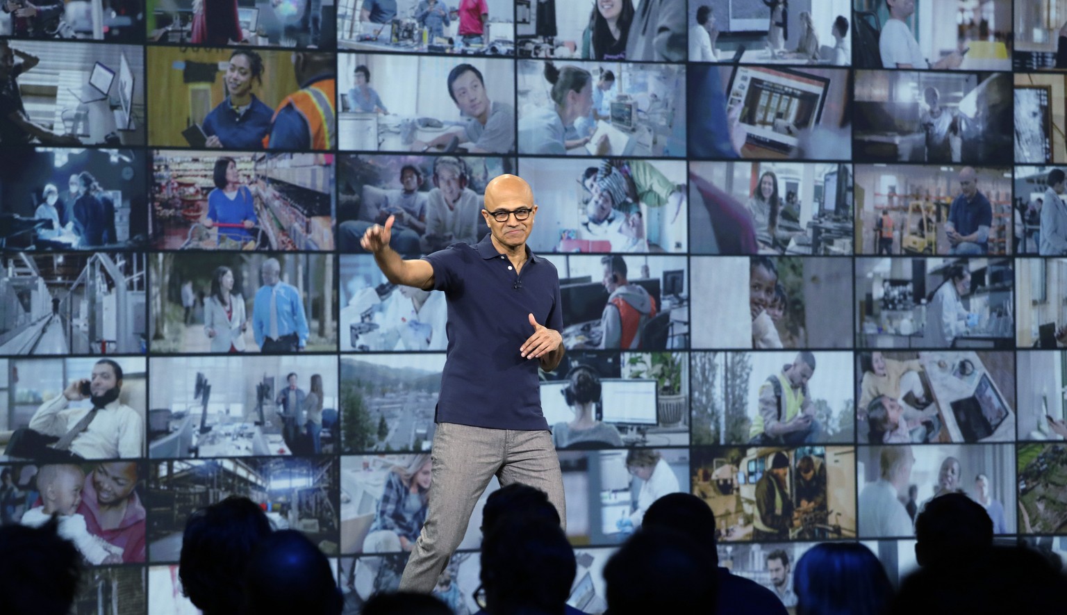 Microsoft CEO Satya Nadella waves as he finishes delivering the keynote address at Build, the company&#039;s annual conference for software developers Monday, May 6, 2019, in Seattle. (AP Photo/Elaine ...