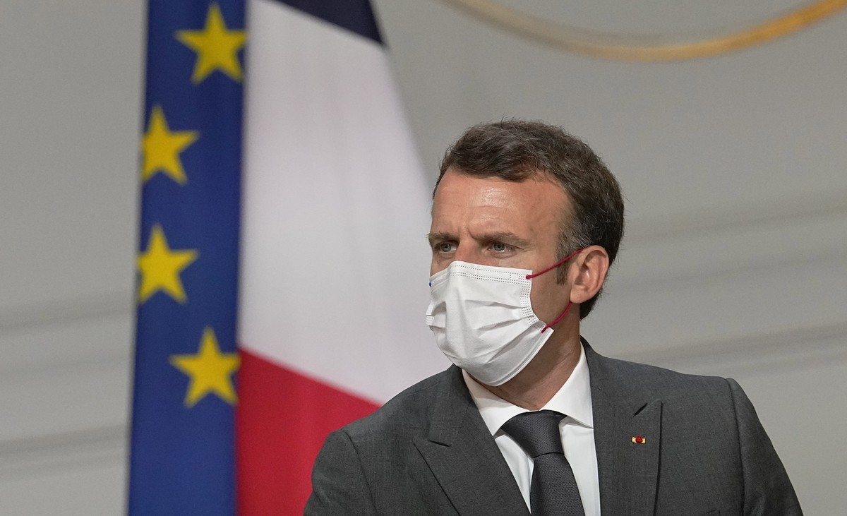France's President Emmanuel Macron, meets French carmakers at the Elysee Palace in Paris, Monday, July 12, 2021. President Emmanuel Macron is hosting a top-level virus security meeting Monday mor ...