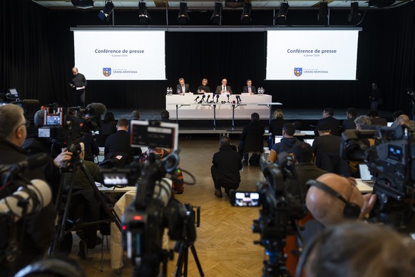 KEYPIX - From left to right, Francois Berclaz, Municipal Councillor of Crans-Montana, Nicole Bonvin Clivaz, Vice Mayor of Crans-Montana, Nicolas Feraud, Mayor of Crans-Montana, Patrick Clivaz, Municip ...