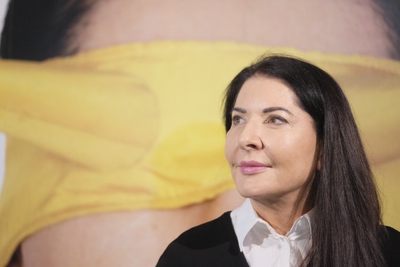 epa09857579 Serbian artist Marina Abramovic attends a press conference on to opening of her exhibition titled 'Memory of Being' at the Kaunas Picture Gallery, in Kaunas, Lithuania, 29 March 2022. The  ...