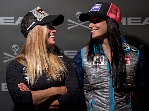 epa05594287 Lara Gut of Switzerland (L) talks to Anna Veith of Austria (R) during a press event of the FIS Alpine Ski World Cup season in Soelden, Austria, 20 October 2016. The Alpine Skiing World Cup ...