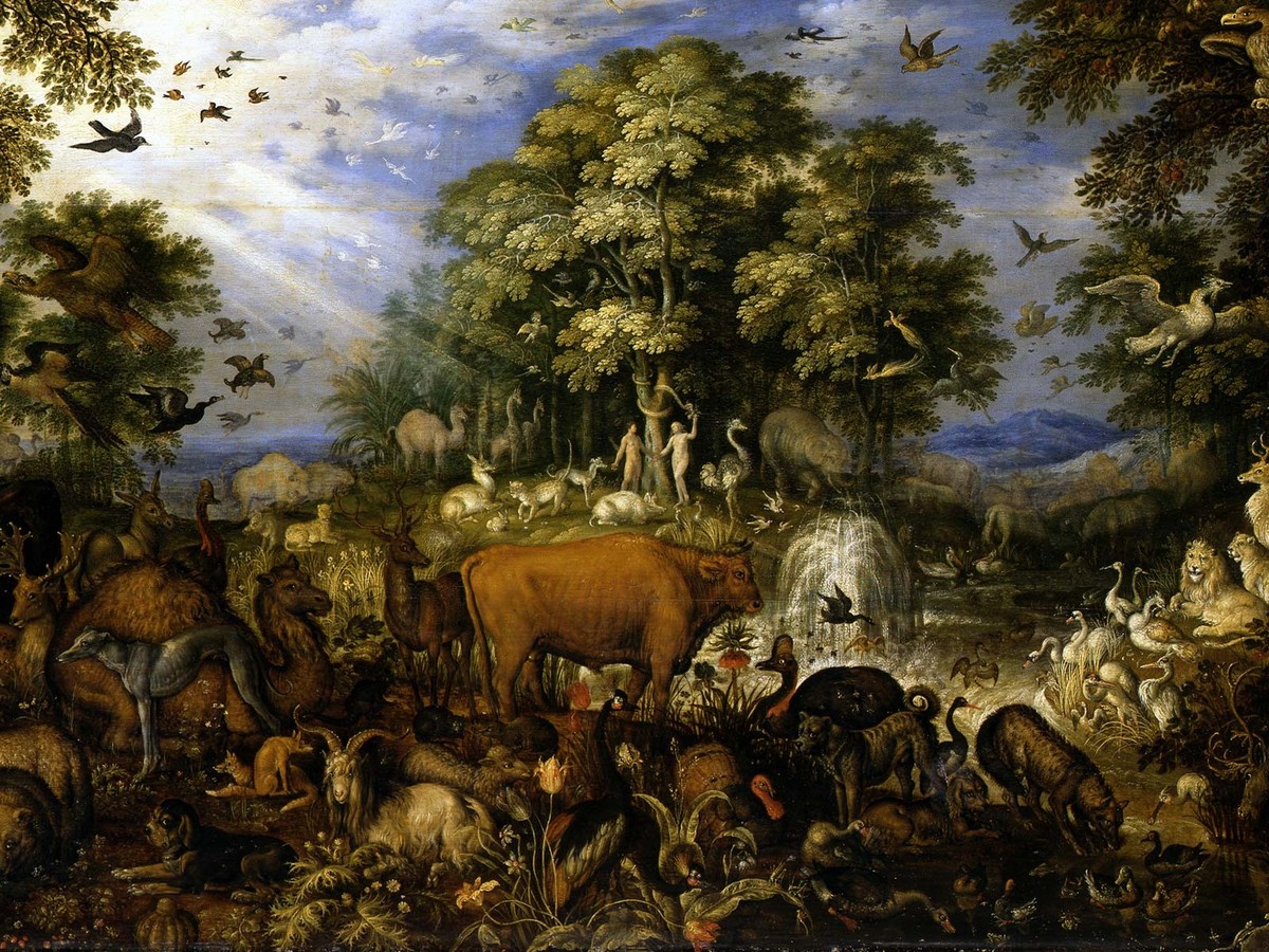 Das Paradies von Roelant Savery (Ausschnitt). Das Gemälde wurde am 21. Dezember 1626 von der Stadt Utrecht an Prinzessin Amalie von Solms als Hochzeitsgeschenk überreicht.
https://smb.museum-digital.d ...