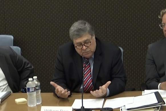 In this image from video released by the House Select Committee, former Attorney General William Barr speaks during a video deposition to the House select committee investigating the Jan. 6 attack on  ...