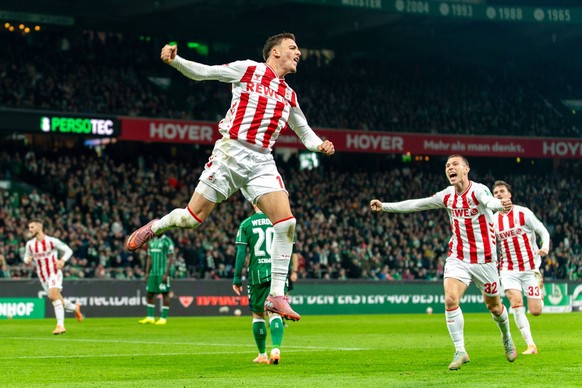 Tor zum 1:1 Said El Mala 1. FC Koeln, 13 jubelt/Jubel mit Kristoffer Lund 1. FC Koeln, 32, GER, SV Werder Bremen vs 1. FC Koeln, Fussball, Bundesliga, Spieltag 12, Saison 2025/2026, 29.11.2025 DFL REG ...