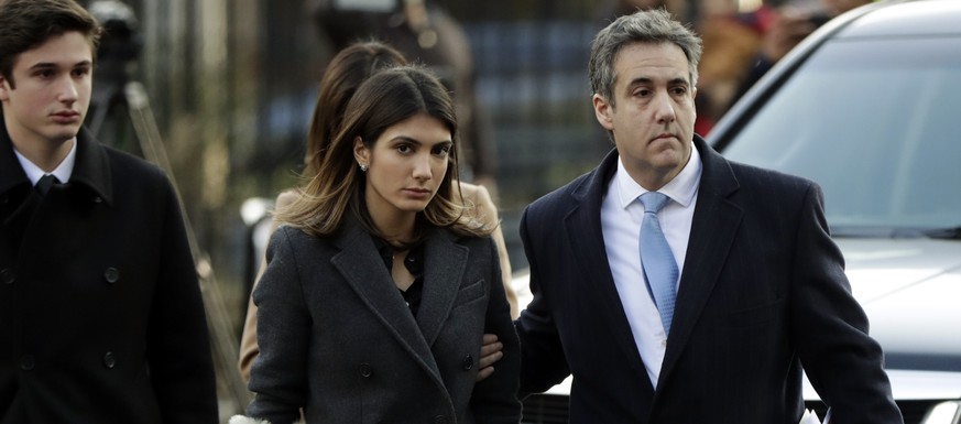 ADDS DAUGHTER AND SON&#039;S NAMES - Michael Cohen, right, President Donald Trump&#039;s former lawyer, arrives at federal court with his daughter, Samantha Cohen, center, and son, Jake Cohen, for his ...