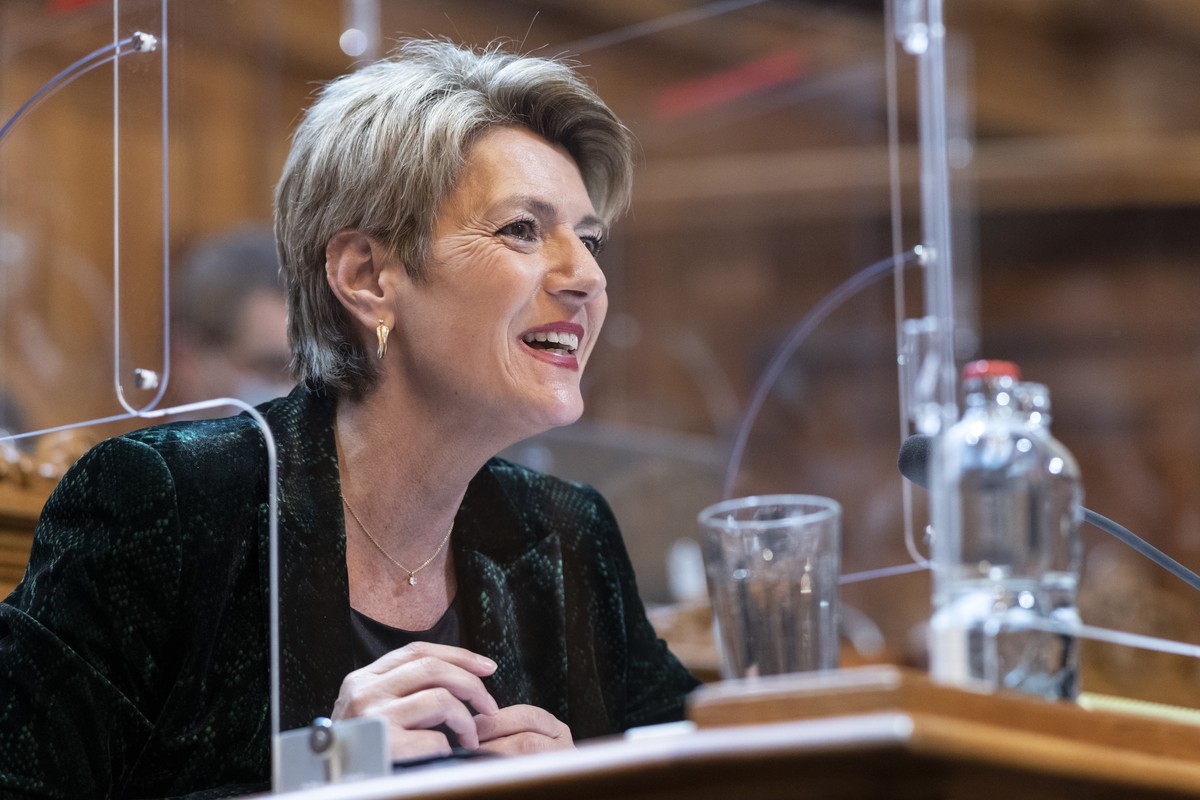 Bundesraetin Karin Keller-Sutter spricht zur Kleinen Kammer an der Fruehlingssession der Eidgenoessischen Raete, am Montag, 1. Maerz 2021 im Staenderat Bern. (KEYSTONE/Alessandro della Valle)