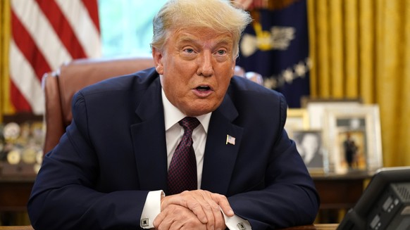 President Donald Trump speaks in the Oval Office of the White House on Friday, Sept. 11, 2020, in Washington. Iran has strongly condemned Bahrain
