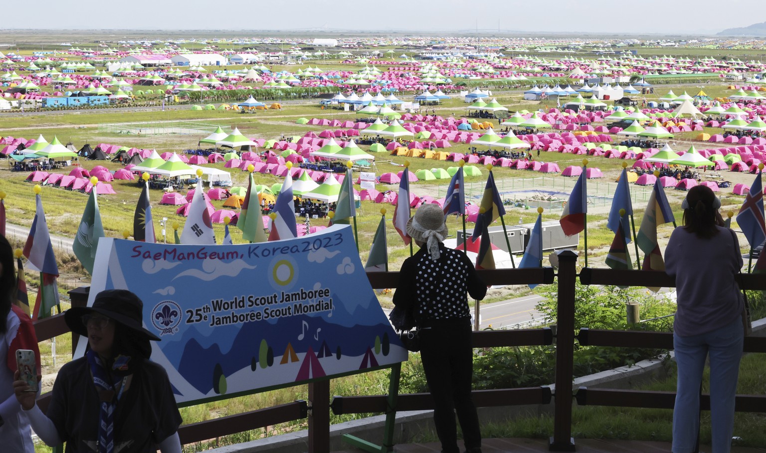 FILE - Tents are pitched at a scout camping site during the World Scout Jamboree in Buan, South Korea, on Aug. 4, 2023. South Korea is preparing to evacuate tens of thousands of scouts from a coastal  ...