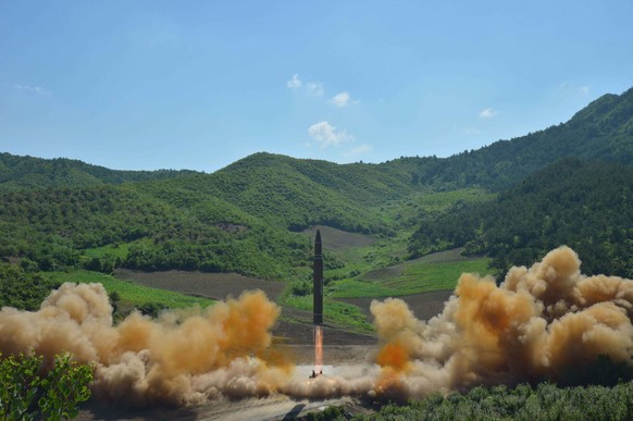 epa06169250 (FILE) - A photo made available by the official North Korean Central News Agency (KCNA) allegedly shows the North Korean inter-continental ballistic rocket Hwasong-14 being launched at an  ...