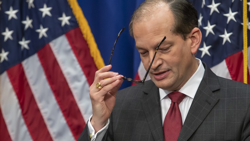 epa07708636 US Secretary of Labor Alex Acosta speaks at a news conference at the Department of Labor in Washington, DC, USA, 10 July 2019. Acosta has come under fire for his role in a plea deal for Je ...