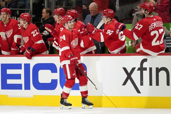 Detroit Red Wings center Pius Suter (24) celebrates his goal against the Florida Panthers in the third period of an NHL hockey game Friday, Oct. 29, 2021, in Detroit. (AP Photo/Paul Sancya)