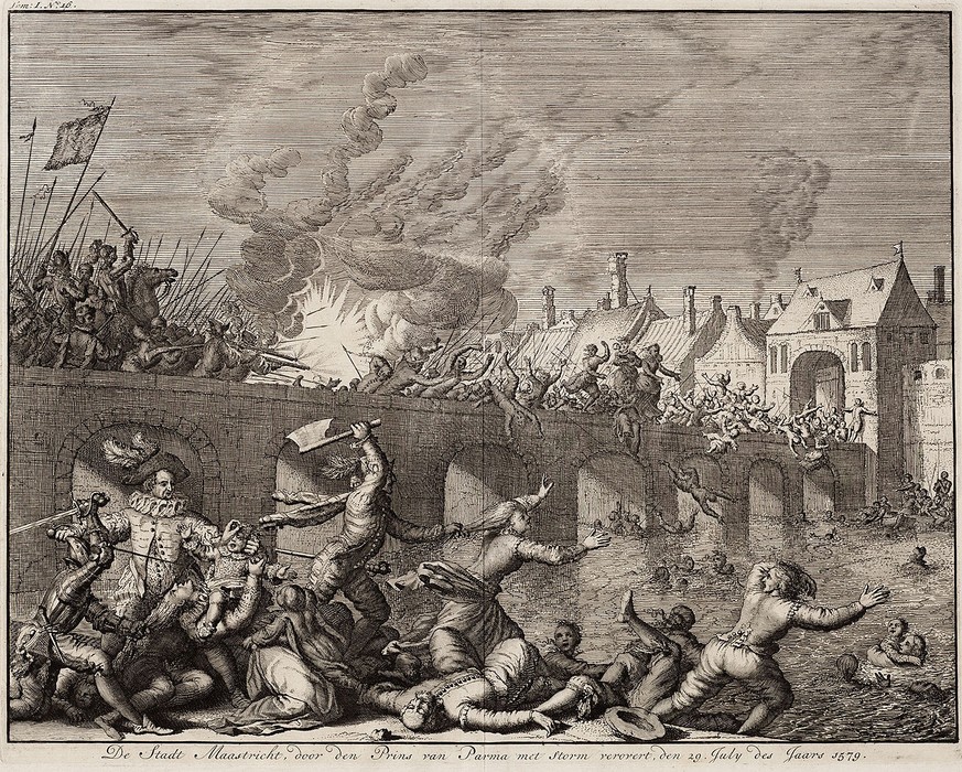 80-jähriger Krieg: Die Eroberung der Stadt Maastricht durch Alexander Farnese, Herzog von Parma, 1579. Gemälde von Jan Luyken, 1679