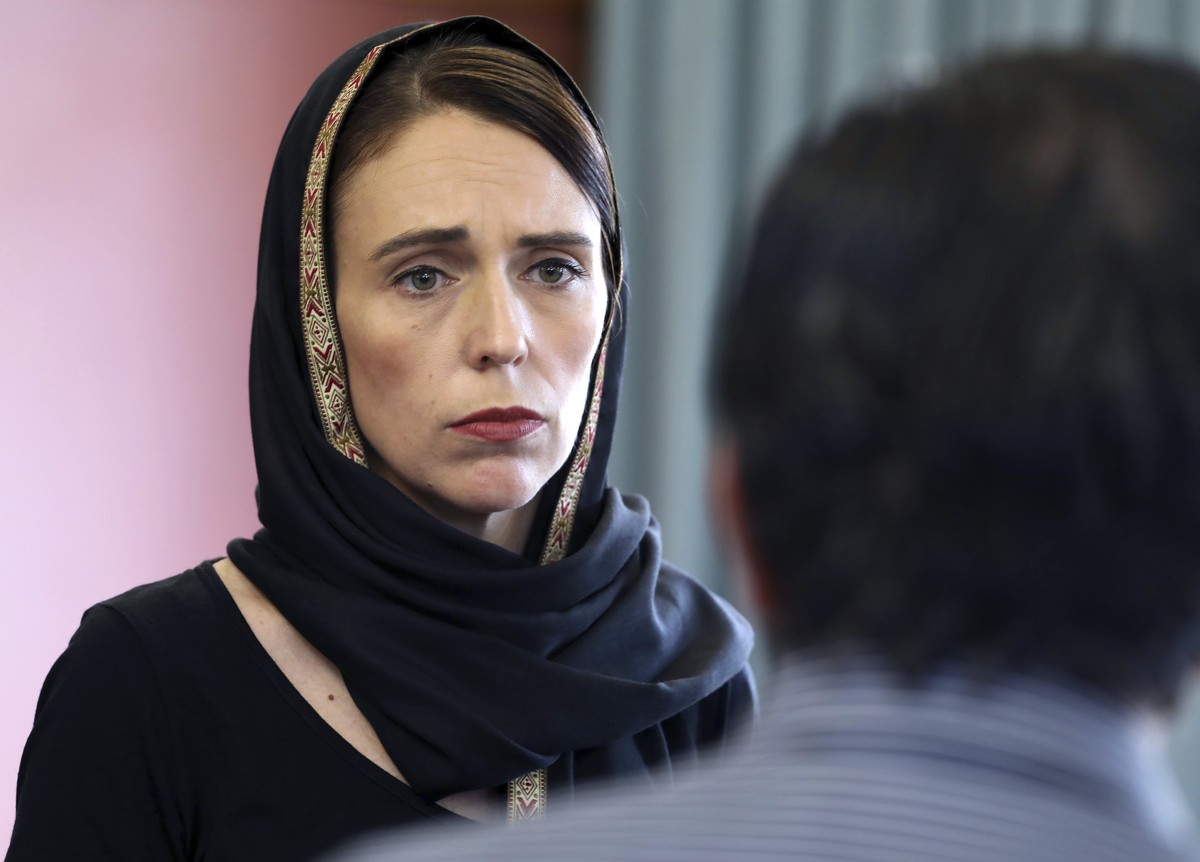 In this photo released by New Zealand Prime Minister's Office, Prime Minister Jacinda Ardern speaks to representatives of the Muslim community, Saturday, March 16, 2019 at the Canterbury Refugee  ...