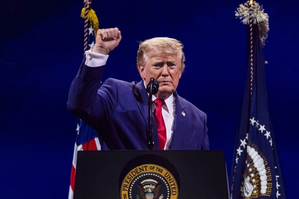 epa13088160 US President Donald Trump speaks during the Salute to America 250 celebration on the National Mall in Washington, DC, USA, 04 July 2026. The fireworks display that followed the president?s ...