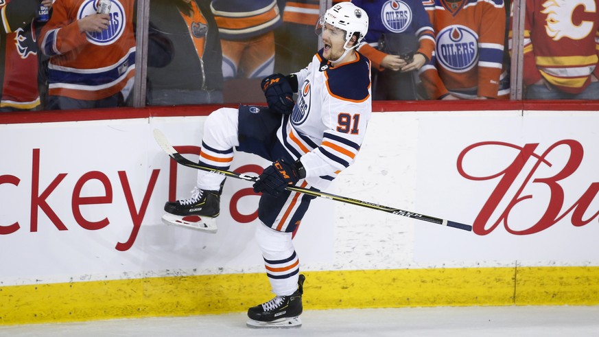 Edmonton Oilers&#039; Gaetan Haas celebrates his penalty-shot goal against the Calgary Flames during the third period of an NHL hockey game Saturday, Feb. 1, 2020, in Calgary, Alberta. (Jeff McIntosh/ ...