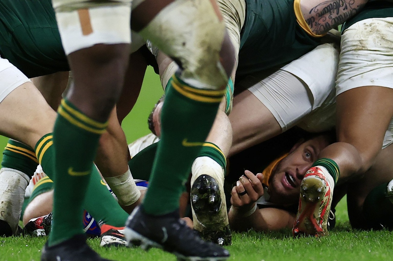 South Africa&#039;s Handre Pollard lies on the ground during the Rugby World Cup semifinal match between England and South Africa at the Stade de France in Saint-Denis, near Paris, Saturday, Oct. 21,  ...