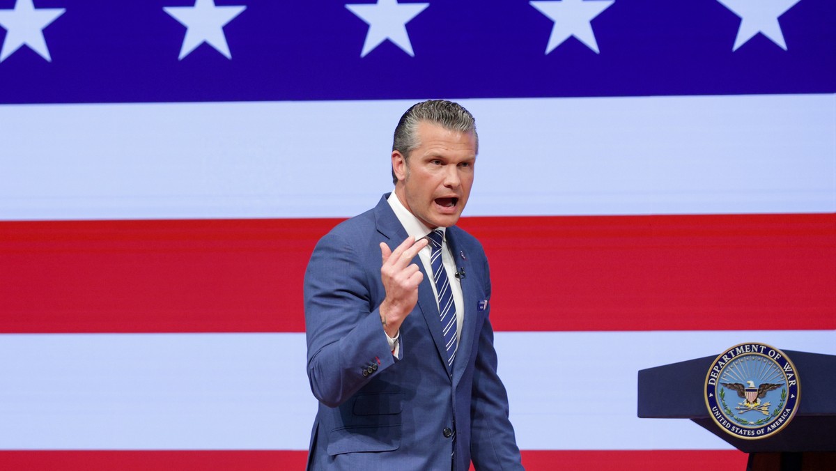Secretary of Defense Pete Hegseth gives a State of the Force address at Marine Corps Base Quantico, Wednesday, Sept. 30, 2026 in Quantico, Va. (Alex Wong/Pool Photo via AP)
Pentagon State of Force