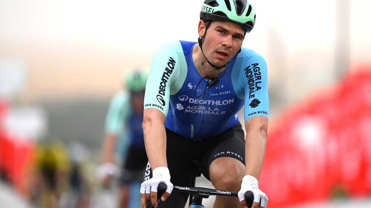 LIWA PALACE - ABU DHABI, UNITED ARAB EMIRATES - FEBRUARY 17: Stefan Bissegger of Switzerland and Decathlon AG2R La Mondiale Team crosses the finish line during the to the 7th UAE Tour, Stage 1 a 138km ...
