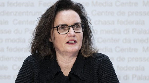 Marlene Amstad, Praesidentin des Verwaltungsrats von der Finanz Marktaufsicht FINMA, orientiert ueber die Aufarbeitung der Credit Suisse Krise, am Dienstag, 19. Dezember 2023, in Bern. (KEYSTONE/Peter ...